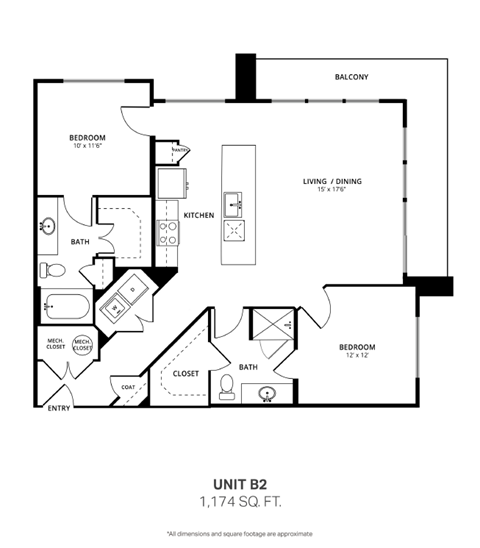Floor plan for 2 beds, 2 baths, 1174 sqft